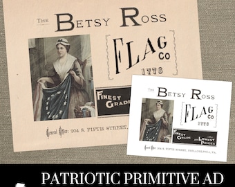 Primitive Betsy Ross Flag Decor - Digital Download - Americana Independence Day Printable - Patriotic Label