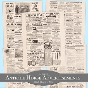 Anúncios impressos classificados de cavalos antigos de 1877 - Junk Journal Ephemera - Folha de colagem digital - Corridas, anúncios de fazenda JPG