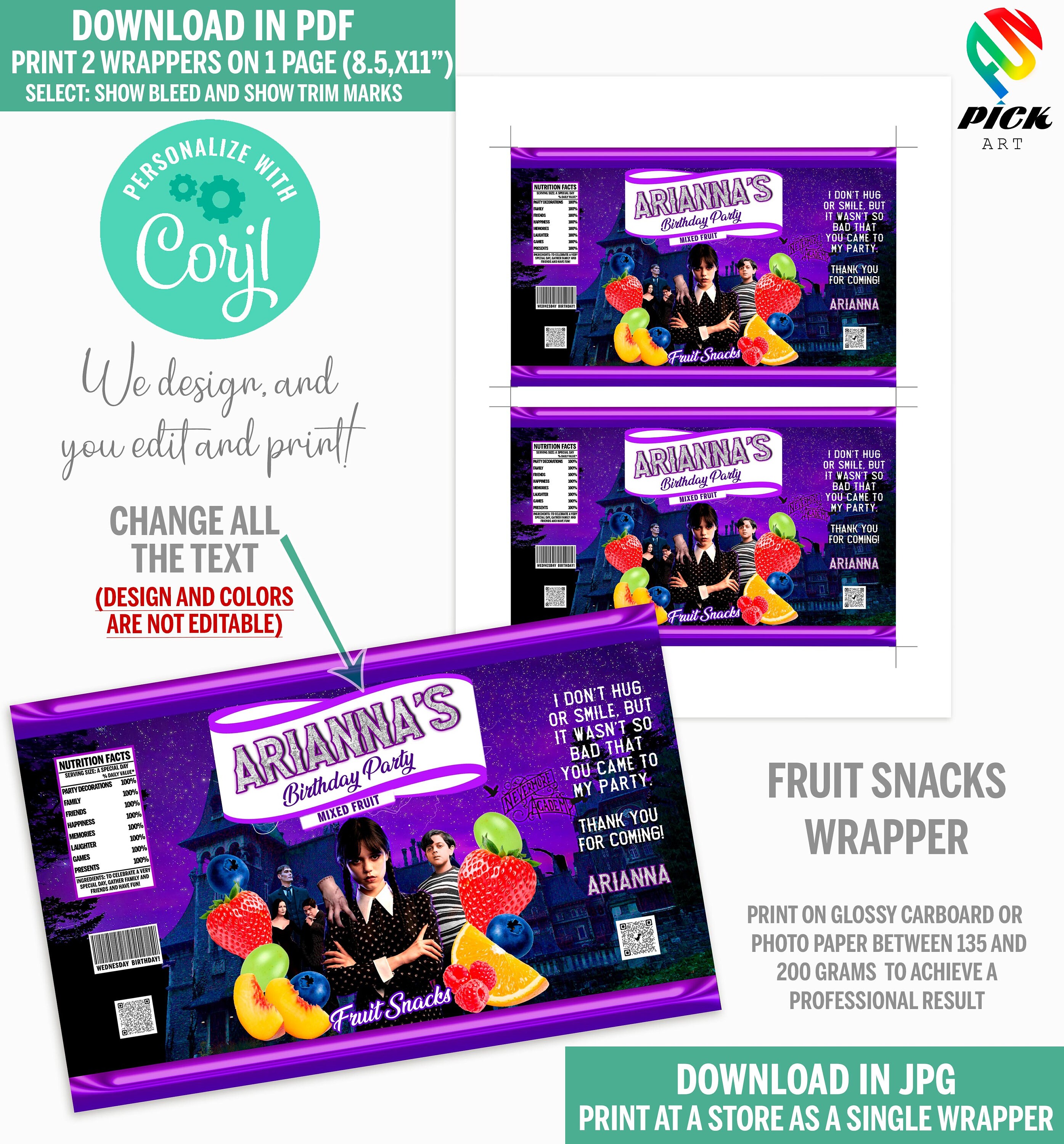 Editable Fruit Snack Wrapper Birthday Candy Wrappers Kids Snack Bag Kids Template Kids Candy Bag