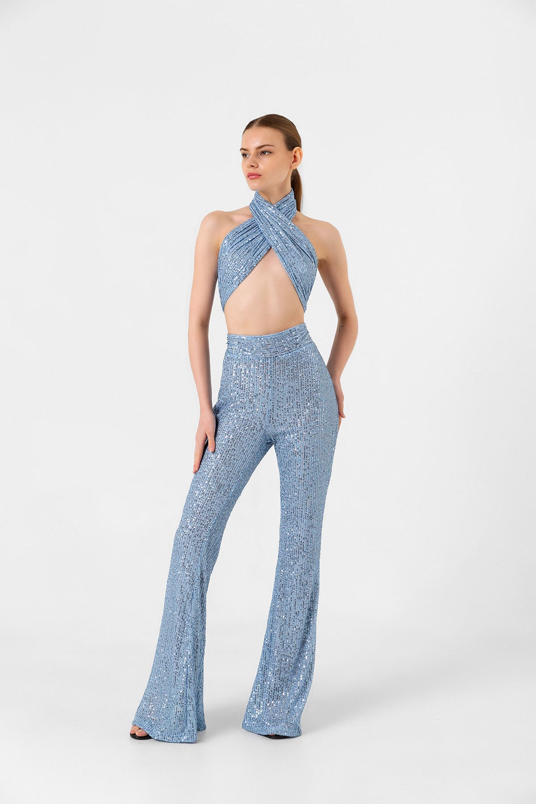 ★GLOWNY★ TWIRL FLARE PANTS (IVORY SHELL) High Waisted Slinky Flared Trousers | boohoo UK