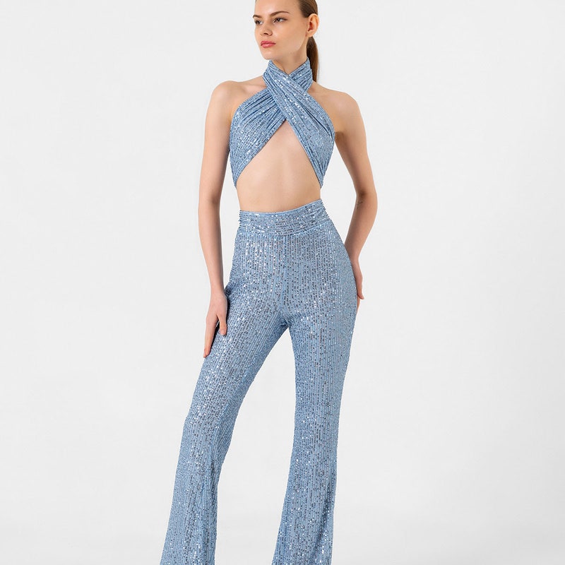 Two-Piece Set with Sequin Blazer and Flared Trousers - Gold main image 0