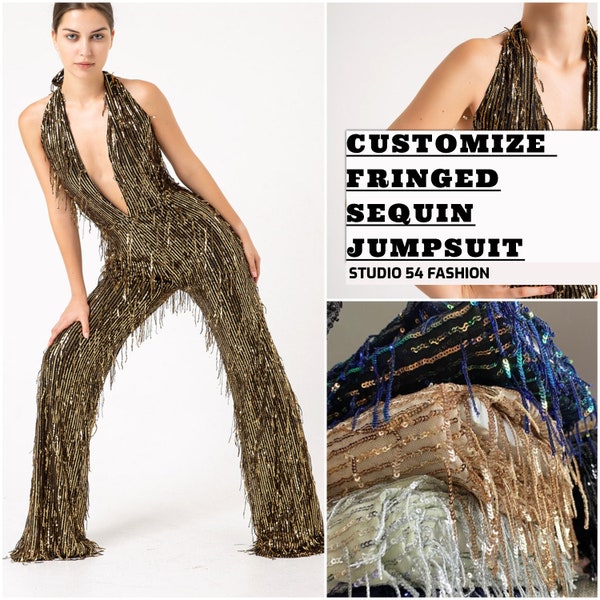 Fringe Jumpsuit, Gold Sequin Jumpsuit, Party Jumpsuit, Party Outfit, Overall, Disco Jumpsuit, Birthday Outfit, 70s Outfit, Studio 54 Outfit