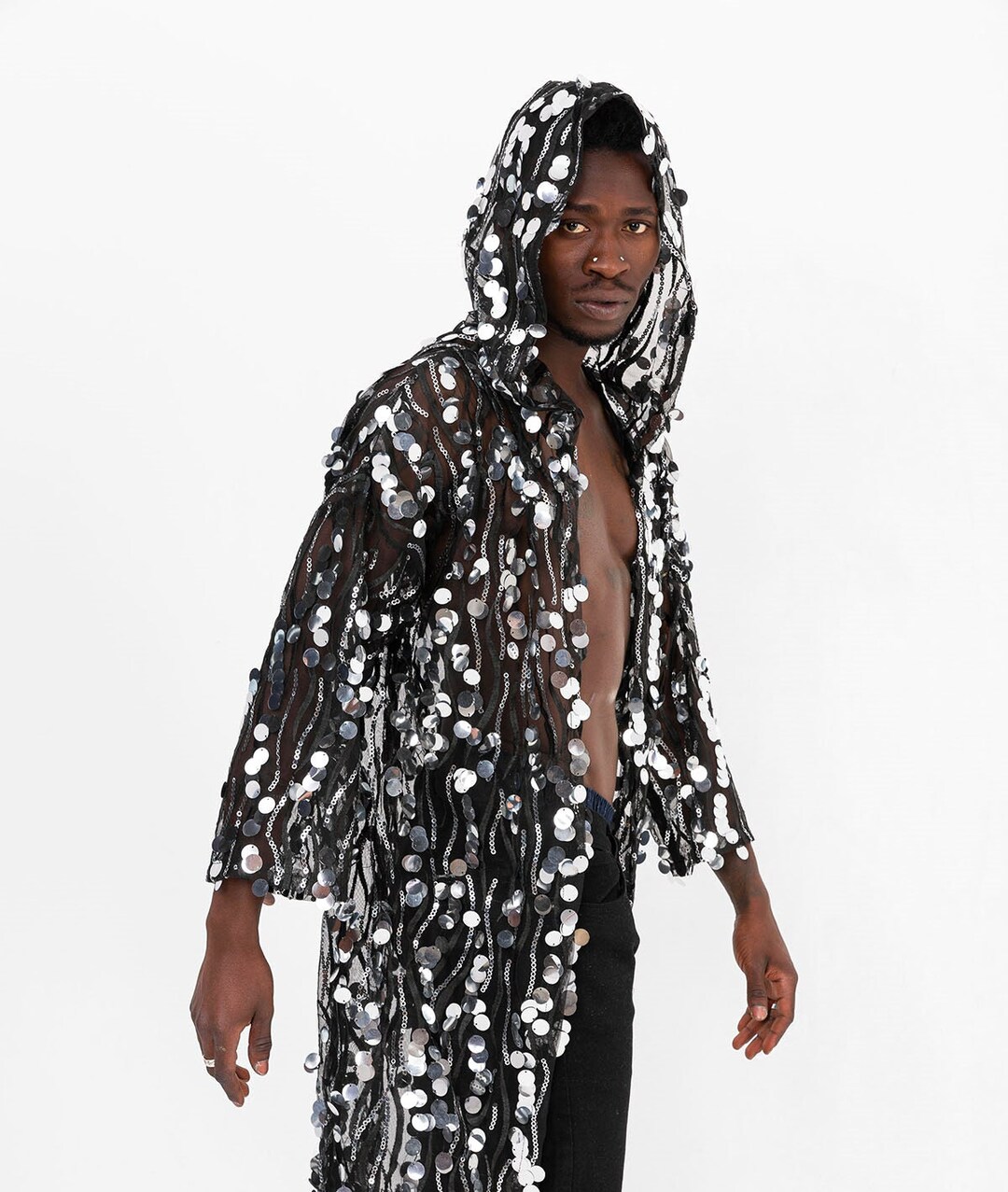 Sequin Kimono, Hooded Kimono, Sequin Robe, Festival Kimono, Mens Kimono