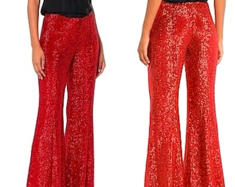 Red Sequin Flare Pants, Bell Bottoms, Sparkly Pants, Flare Legging, Palazzo Pants, Wide Leg Pants, Glitter Pants, Shiny Pants, Sequin Pants