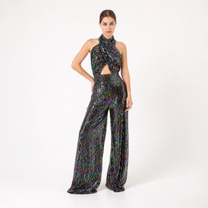 70s Clothing Women, 70s Dress, Jumpsuit,Rainbow Sequin Jumpsuit, Studio 54 Clothing, Disco Clothing, Formal Jumpsuit, Wedding Guest Clothing