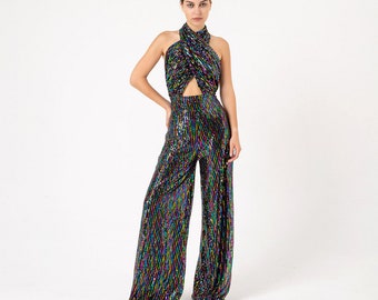 Ropa de los 70 para mujer, vestido de los 70, mono, mono de lentejuelas arcoíris, ropa de Studio 54, ropa disco, mono formal, ropa para invitadas de boda