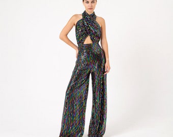 70s Clothing Women, 70s Dress, Jumpsuit,Rainbow Sequin Jumpsuit, Studio 54 Clothing, Disco Clothing, Formal Jumpsuit, Wedding Guest Clothing