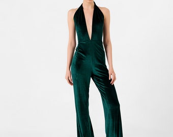 Velvet Jumpsuit, Green Jumpsuit, Party Jumpsuit, Party Outfit, Overall,Disco Jumpsuit, Studio 54 Outfit, Bell Bottoms,Wedding Guest Jumpsuit