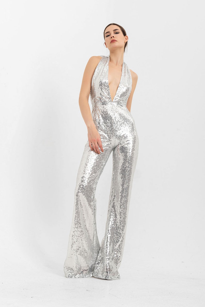 Silver Jumpsuit Silver Sequin Jumpsuit Party Jumpsuit Party Etsy