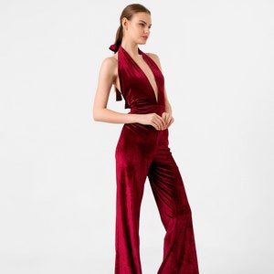 Velvet Jumpsuit, Burgundy Jumpsuit, Party Jumpsuit, Party Outfit,Disco Jumpsuit, Studio 54 Outfit, Wide Leg Jumpsuit, Wedding Guest Jumpsuit