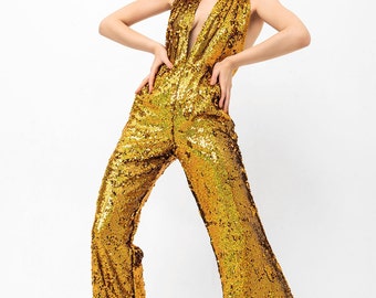 Jumpsuit, Gold Sequin Jumpsuit, Stagewear, Party Outfit, Sparkly Jumpsuit, Stage Outfit, Studio 54 Outfit, Dance Costume, Stage Costume