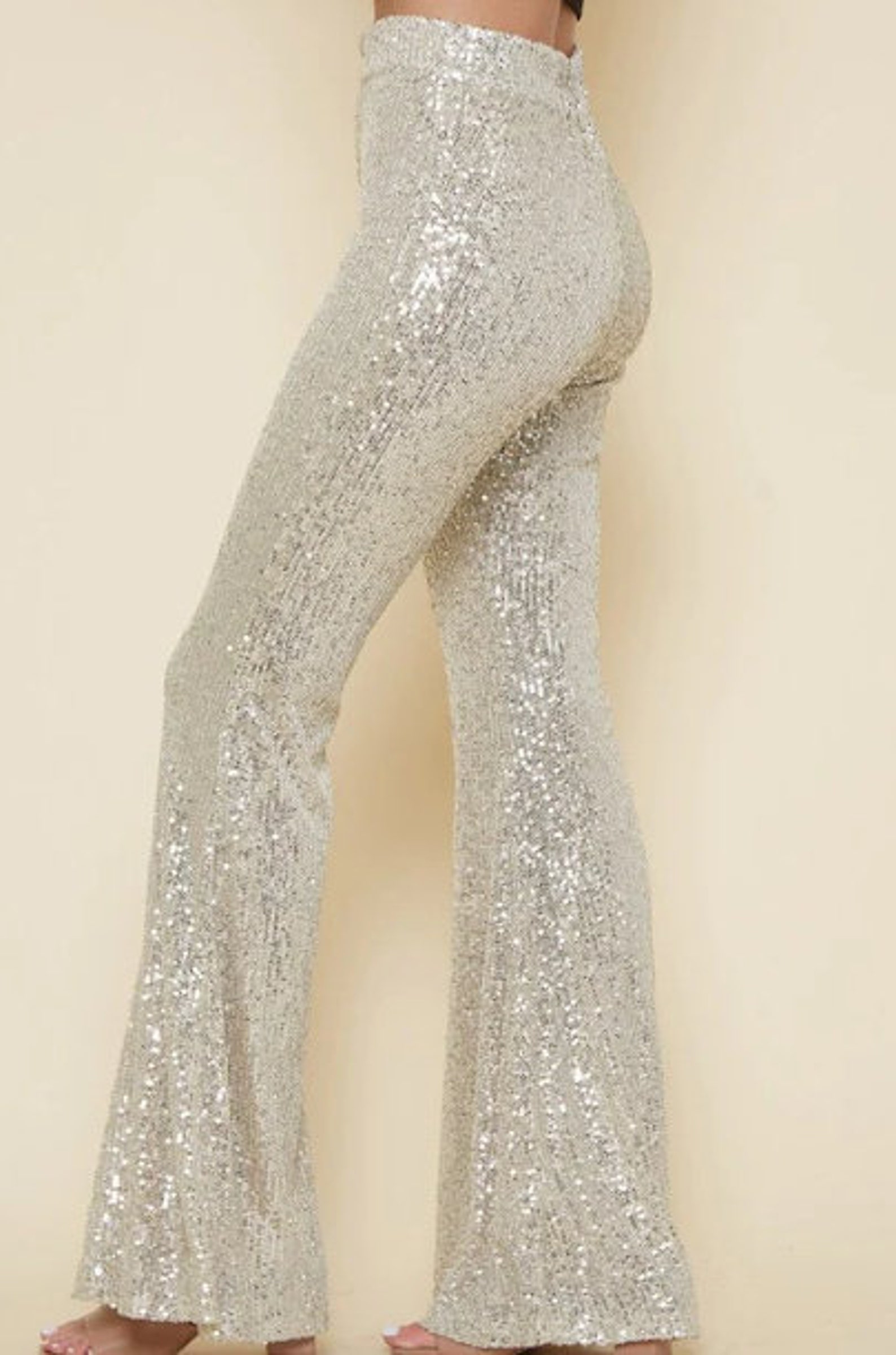 Sequin Flare Pants, Champagne Bell Bottoms, Shiny Sparkle Pants, Harem(02)