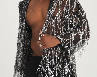 Disco Sequin Kimono, Sequin Robe, Festival Kimono, Beach Cover Up,Festival Clothing,EDC Clothing,Rave Wear,Silver Tassel Sequin Black Kimono