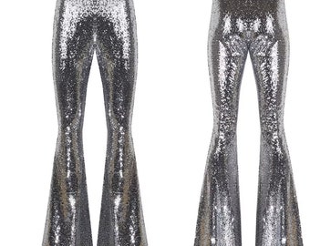 AMERI　UND GLITTER FLARE PANTS Women Sequin Flare Pants Sparkle Wide Leg High Waist Glitter
