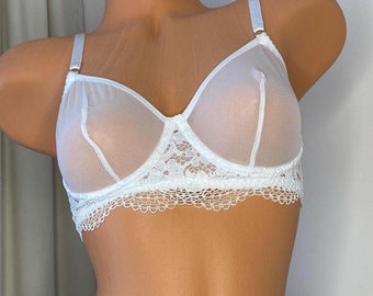 White Sheer Mesh Bra, Handmade See-Through Lingerie