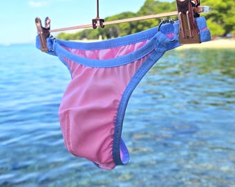 Men's swimsuit in pink and blue, Men's Bold Color Swim Thong, Mens micro string swimwear, Stretchy Spandex Bikini, Sissy panty