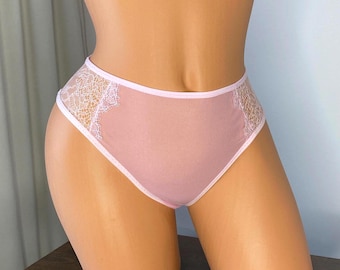 See through panty, Handmade Sheer Mesh Panties, High Waist Bikini with Lace