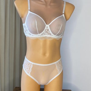 Crossdresser bra for men, AA cup white sheer mesh bra for men,  Sissy lingerie sets for men, Sissy panty, Training Sissy bras Plus size.
