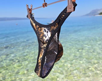 Handmade Neon Mens Micro Thong, Men's Spandex Swim Thong – Leopard print, Adjustable Pouch, Sissy Panty