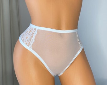 Braguitas de malla transparente, bikini de talle alto, entrepierna transparente, lencería de tallas grandes