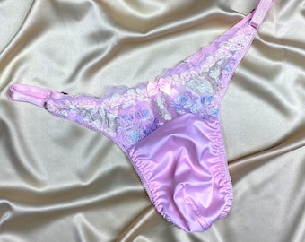 Sissy thong Male satin thongs underware Luxury pink lace mens thong, Men's thong made of double-sided satin with a pocket, Sissy Lingerie