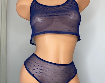 See through clothing for women Handmade Sheer Mesh Lingerie Set - Plus Size See Through Top and Panties