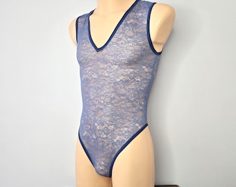 Sheer Lace Men's Bodysuit, Adjustable Crotch Lingerie, Second Skin Fit
