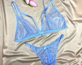 Conjunto de lencería de encaje para hombre, sujetador y tanga tipo sissy, copa AA ajustable, materiales europeos.