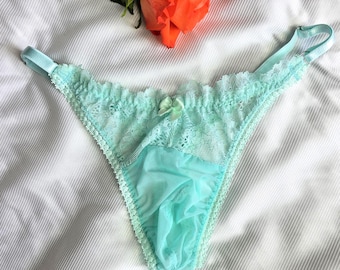 See-through mint-colored thongs for men- Handmade Lace Thong Panties for Men, Sissy thong