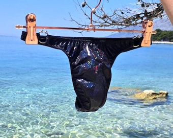 Shiny Spandex Thong Swim Trunks, Handmade Men's Swimwear, Adjustable Pouch, Sissy Panty