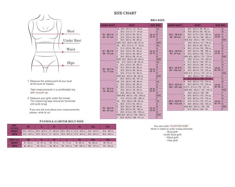 Op de afbeelding: Maattabel voor bh's en lingerie, met borst-, onderborst-, taille- en heupmaten in cm en inches. Bevat een diagram van een vrouwelijk torso met meetpunten en een maattabel.