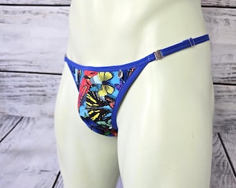 Men's Butterfly Print Bikini Swim Briefs – Low-Rise, Gathered Back, Handmade Stretch Spandex, Sissy panty