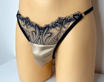 Double-layer Satin sissy, Handmade Satin Lace Sissy Thong, Men's Lingerie
