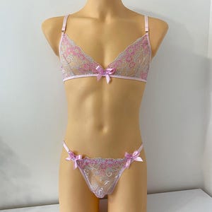 Pink Men Bra AA and sissy panty. Crossdresser transgender lingerie set bra. Beige flat bra extra large sizes.