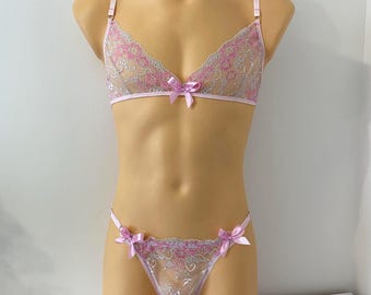 Reggiseno rosa da uomo taglia AA e slip da sissy. Set di lingerie per crossdresser transgender con reggiseno. Reggiseno piatto beige taglie extra large.