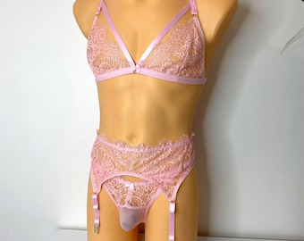 Handmade Lace Lingerie Set: Bra, Thong & Garter Belt