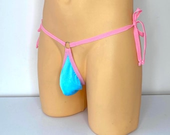 Handmade Men's Micro Thong, Blue & Pink Spandex Swimwear