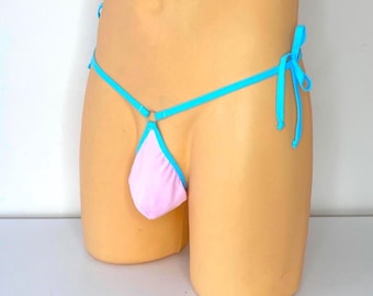 Men’s Micro Swim Thong–Blue and Pink Bikini Mens Thong Handmade Men Underwear Swimwear Mens micro string bikini Minimal Swimsuit Sissy panty