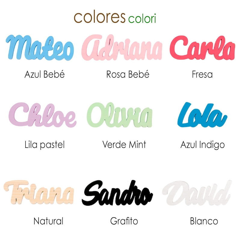 May include: A collection of wooden name cutouts in various colors, including blue, pink, and red. Each name is displayed with its corresponding color name in Spanish. The names include Mateo, Adriana, Carla, Chloe, Olivia, Lola, Triana, Sandro, and David.