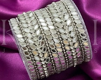 Mirror Bangle Set in Silver | Bollywood Inspired Mirror Bangles, Indian Bangles, Silver Chuda, Silver Kadas, Silver Bangles, Mirror Bracelet