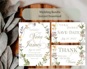 Wedding Invitation Bundle Floral Wedding Template Download Wedding Invitation Summer Wedding Invitation Wildflower Wedding Invite Spring