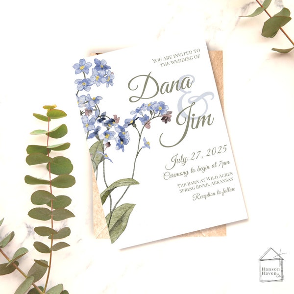Wedding Invitation Blue Wildflower Editable Template Invite for Wedding Floral Wild Flower Wedding Invitation Spring Vintage Wedding Card