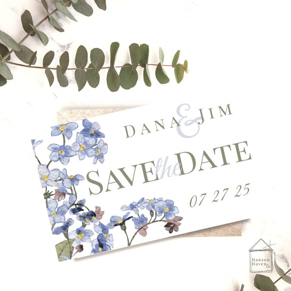 Save the Date Postcard Floral Wedding Save the Date Template Wildflower Save the Date Card Flower Theme Wedding Announcement Blue Bride