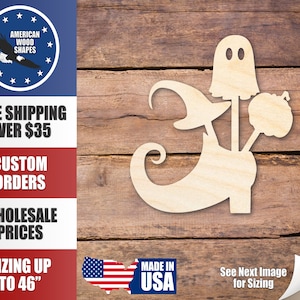 May include: Wooden cutout of a ghost with a witch's hat and a pumpkin. The cutout is made of unfinished wood and is ready to be painted or stained.