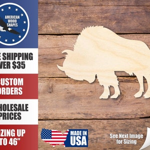 May include: Wooden cutout of a bison, a large, shaggy mammal with a humped back and short horns. The cutout is made of unfinished wood and is ready to be painted or stained. The cutout is available in various sizes up to 46 inches.