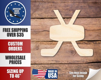 Unfinished Wood Hockey Sticks Pair with Puck Silhouette - Craft- up to 24" DIY