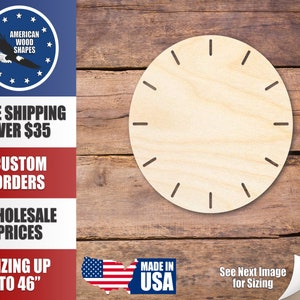 May include: A plain, unfinished, round wooden clock face with black hour markings. The clock face is 12 inches in diameter. The clock face is on a brown wooden background.