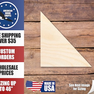May include: A plain, light brown, wooden triangle shape. The triangle is made of unfinished wood and is ready to be painted or stained. The triangle is shown on a woodgrain background.