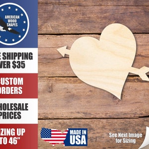 Unfinished Wood Heart Arrow Shape - Craft - up to 36&quot; DIY