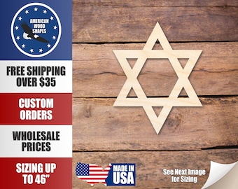 May include: A wooden Star of David cutout, also known as the Magen David, on a brown wood background. The star is made of light wood and is a popular symbol of Judaism.